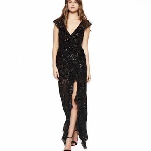 Alice McCall Off Duty Black Floral Metallic Plunge Neck Flutter Sleeve Gown 4